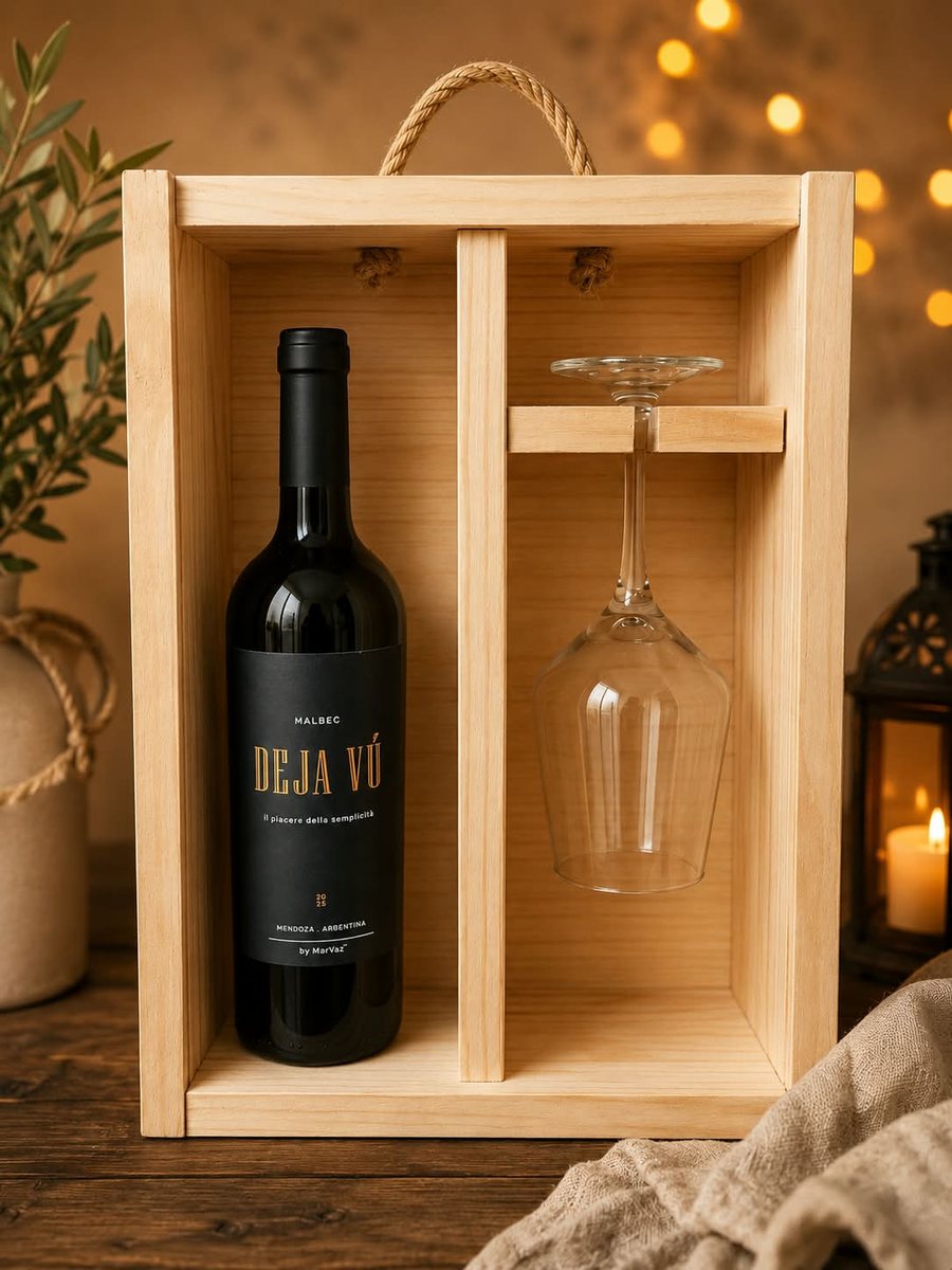 Estuche de madera abierto con una botella Deja V&uacute; y una copa de vidrio