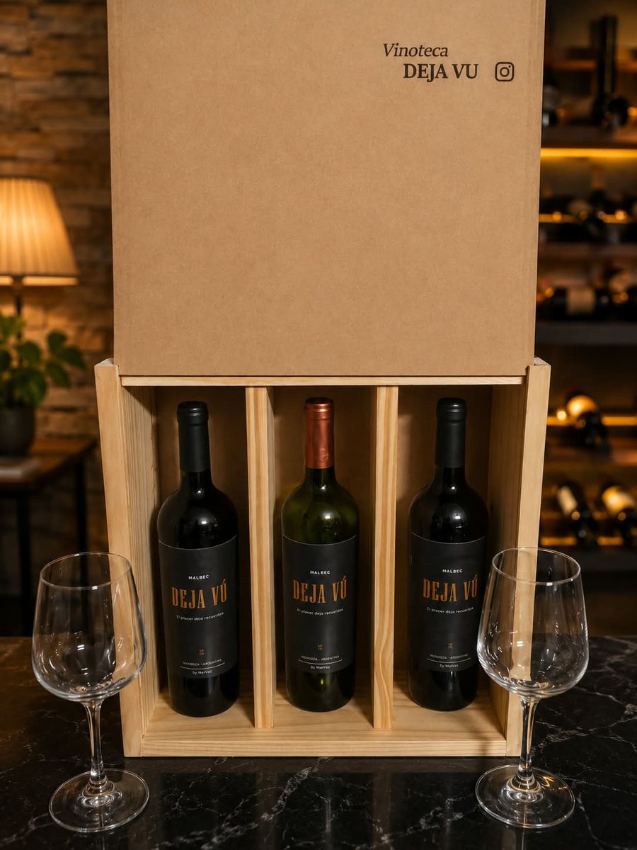 Estuche de madera con tres botellas Deja V&uacute; y dos copas