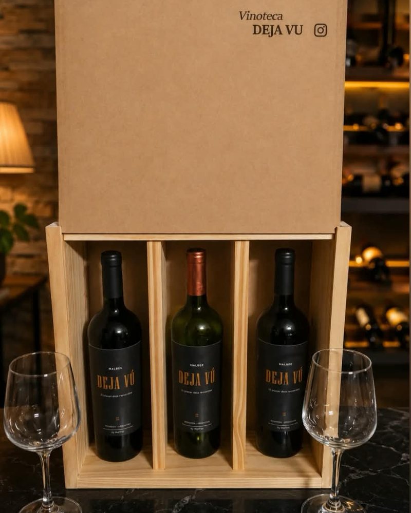 Cajon de madera de tres botellas Deja V&uacute; sobre una mesa oscura, con dos copas