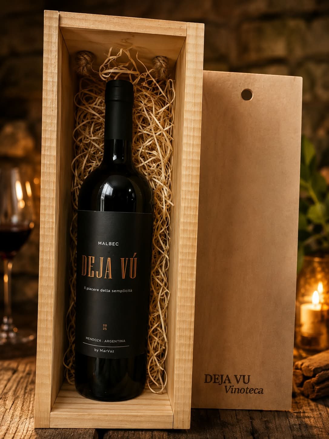Botella de Deja V&uacute; Malbec dentro de un estuche de madera con viruta, junto a una copa servida