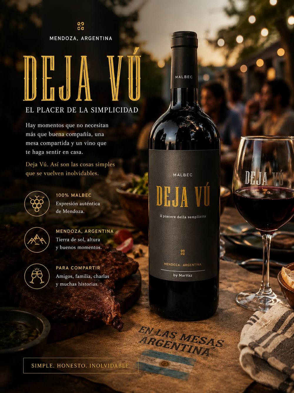 Pieza de la marca Deja V&uacute;: botella de Malbec sobre una mesa servida, con el texto El placer de la simplicidad